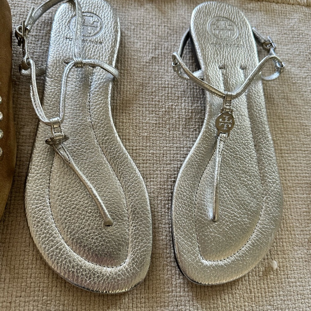 Tory Burch Metallic Silver T-Strap Sandals